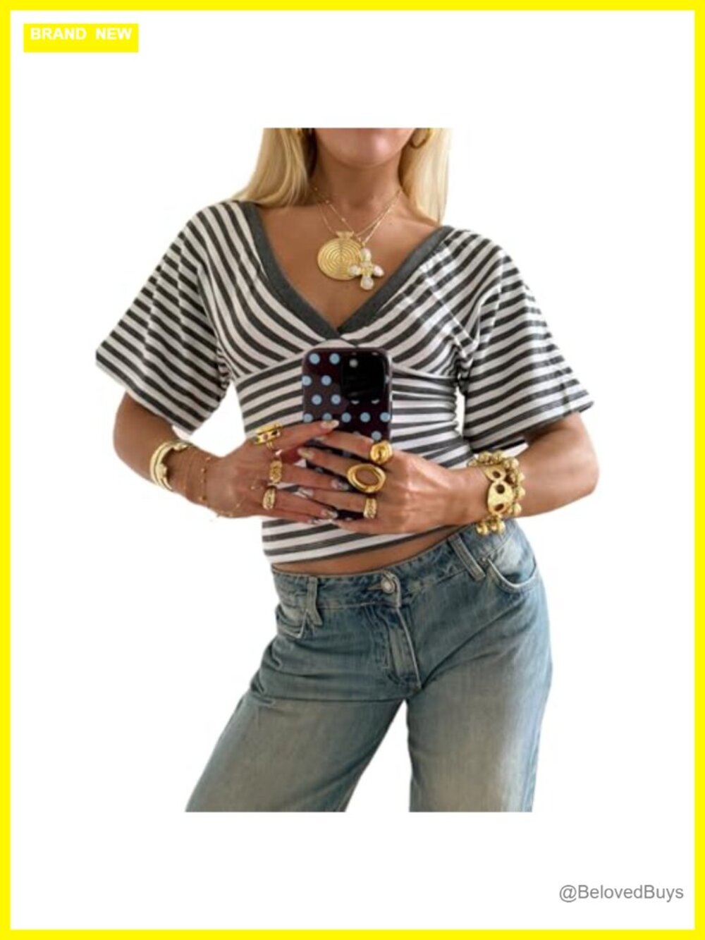 Striped V-Neck Cinched Waist Batwing Sleeve Backless Crop Top
